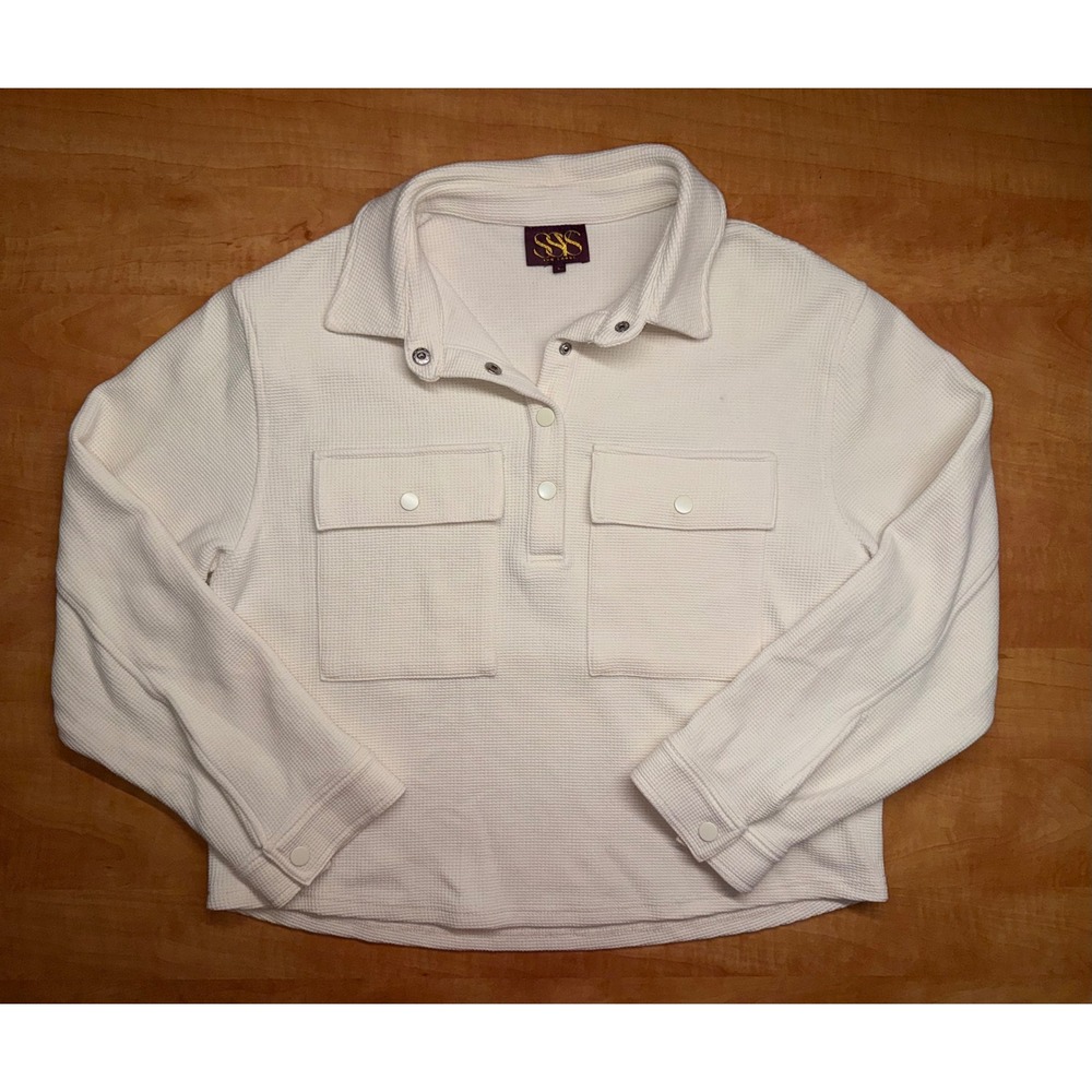 SSS The Label Waffle Knit Snap Pullover Ivory Off White Utility Pocket Large